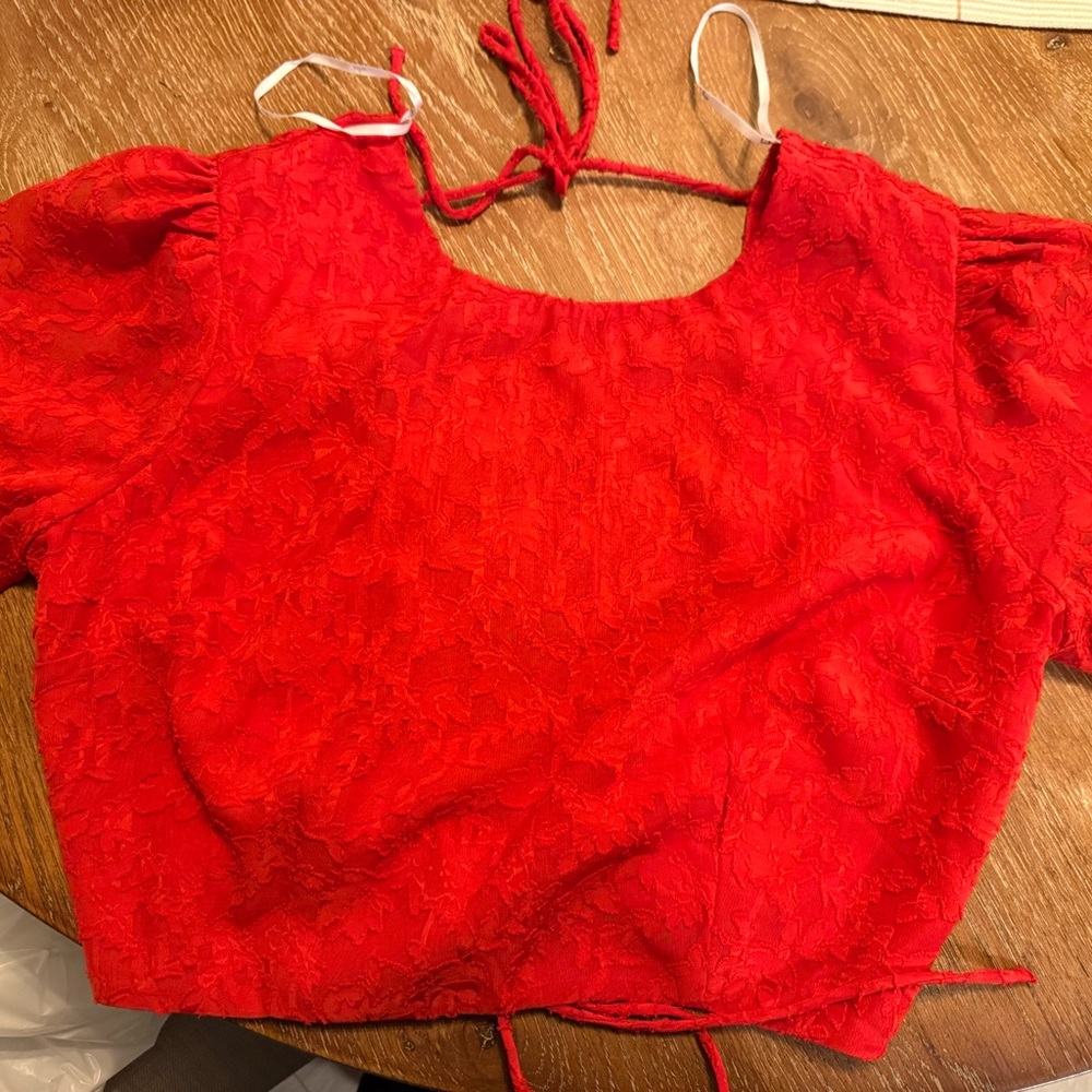 Lulu's Have My Back Red Floral Jacquard Tie-Back Crop Top